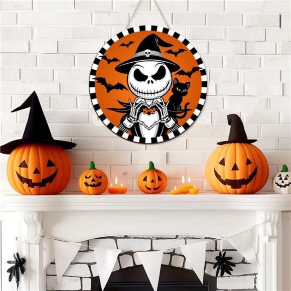 Halloween Decorations Jack Wreath Sign for Front Door Decor Spooky Bat Wood - Picture 2 of 8